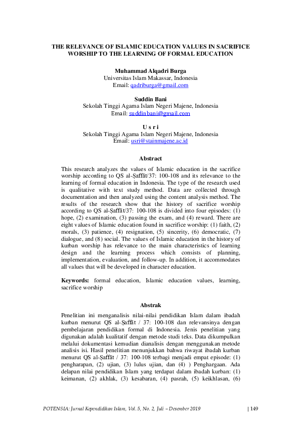 (PDF) The Relevance of Islamic Education Values in Sacrifice Worship to ...