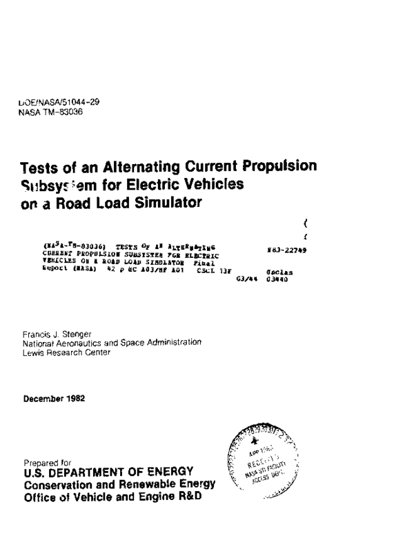 Tests of an alternating current propulsion subsystem for electric ...
