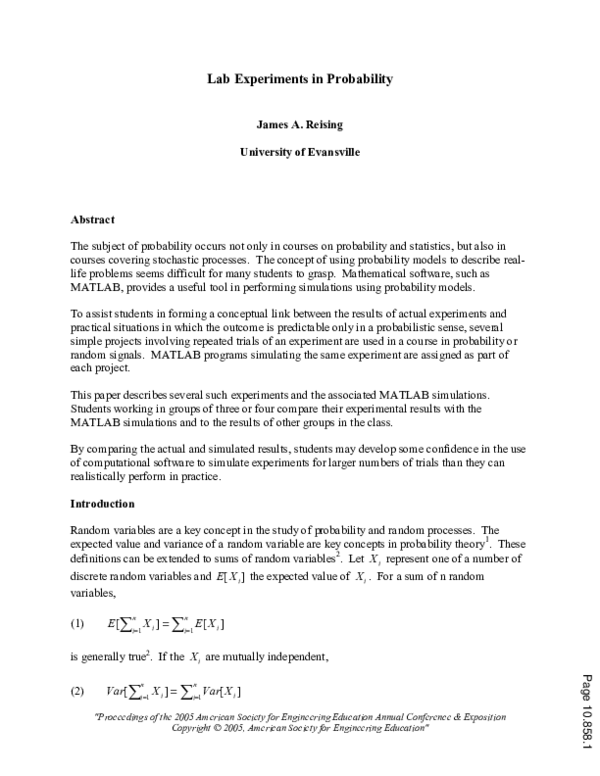 (PDF) Lab Experiments In Probability