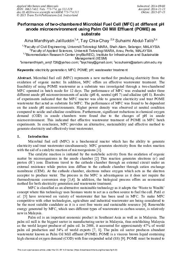 (PDF) Performance of Two-Chambered Microbial Fuel Cell (MFC) at ...