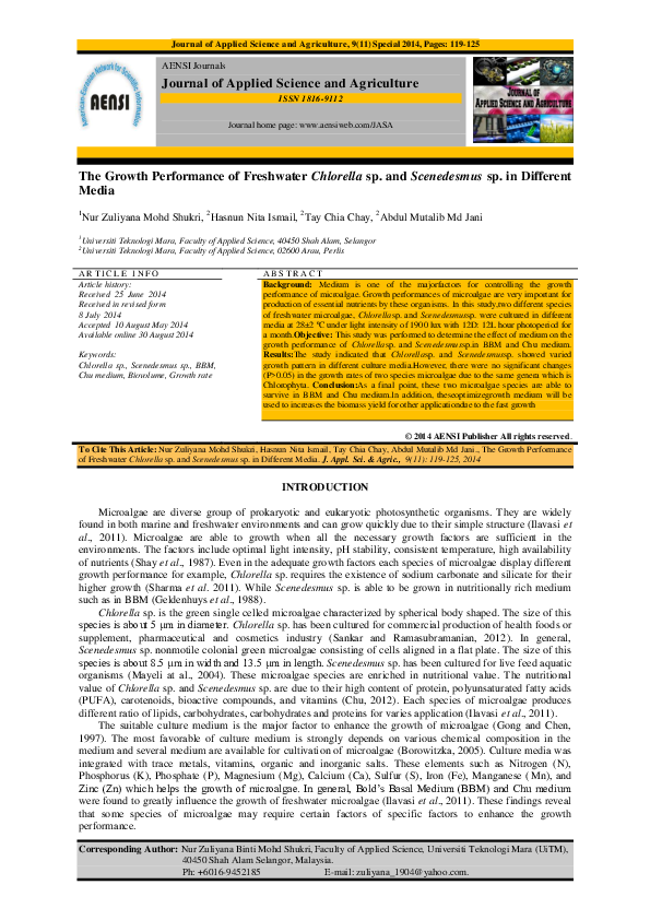(PDF) The Growth Performance of Freshwater Chlorella sp . and ...