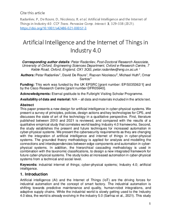 (PDF) Artificial Intelligence and the Internet of Things in Industry 4.0