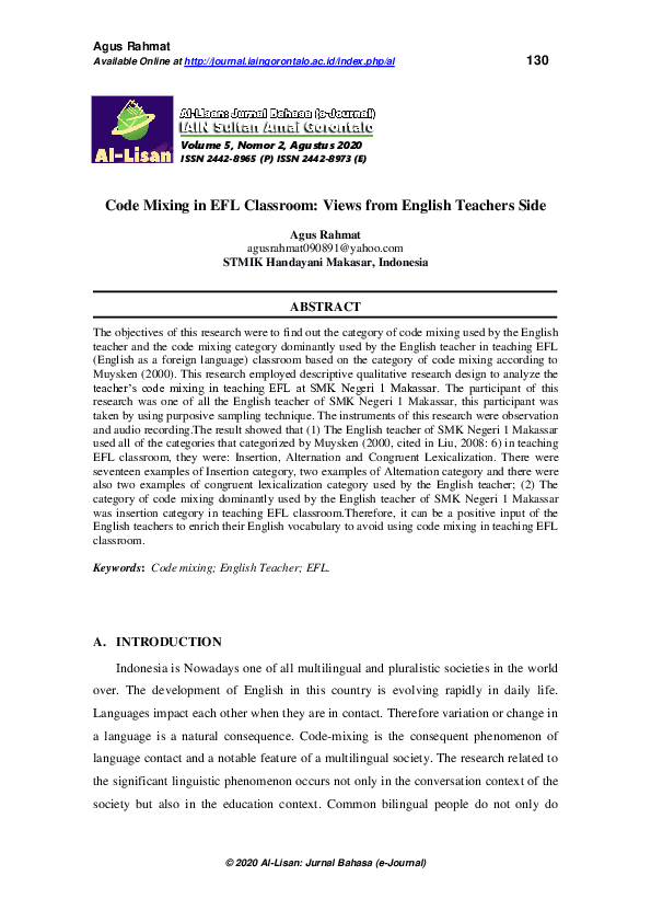 (PDF) Code Mixing in EFL Classroom: Views from English Teachers Side