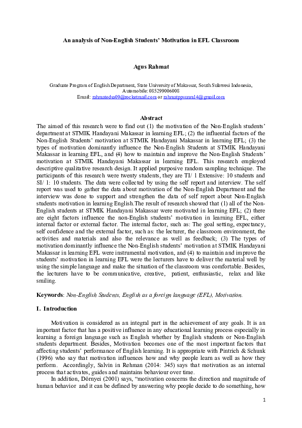 (DOC) An Analysis of Non-English Students’ Motivation in Learning EFL ...