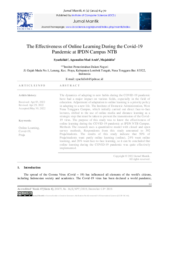 (PDF) The Effectiveness of Online Learning During the Covid-19 Pandemic ...