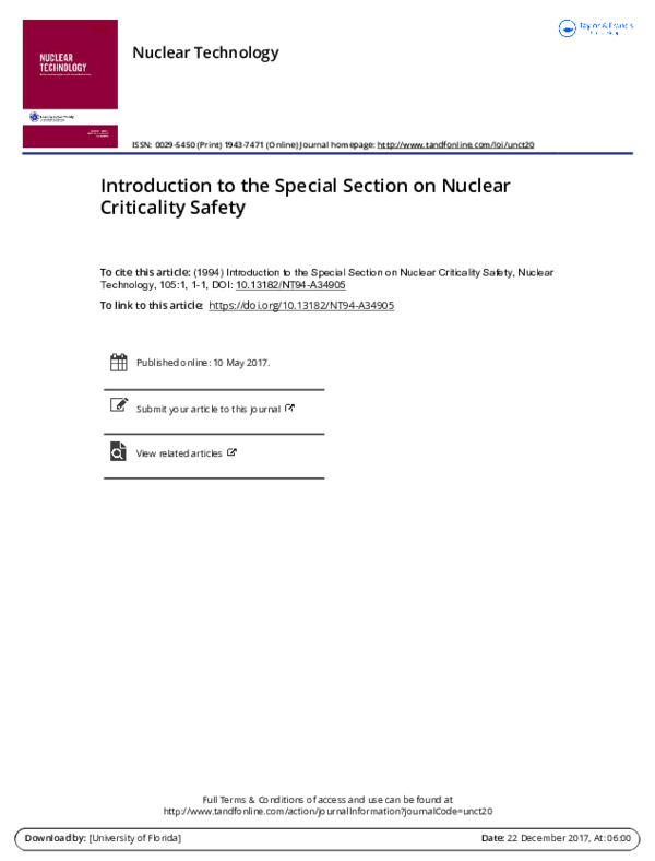 (PDF) Introduction to Special Section on Nuclear Criticality Safety
