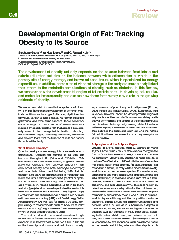 (PDF) Developmental Origin of Fat: Tracking Obesity to Its Source