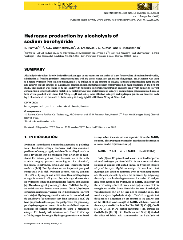 (PDF) Hydrogen production by alcoholysis of sodium borohydride