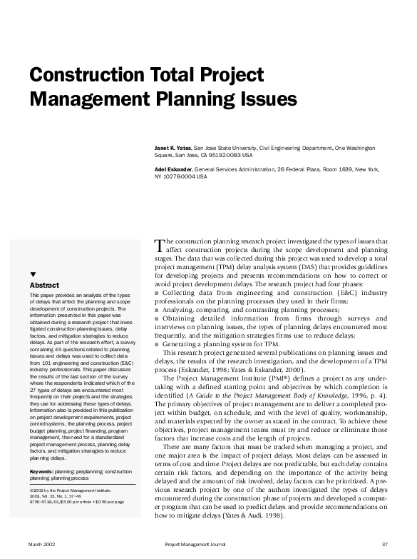 (PDF) Construction Total Project Management Planning Issues Adel