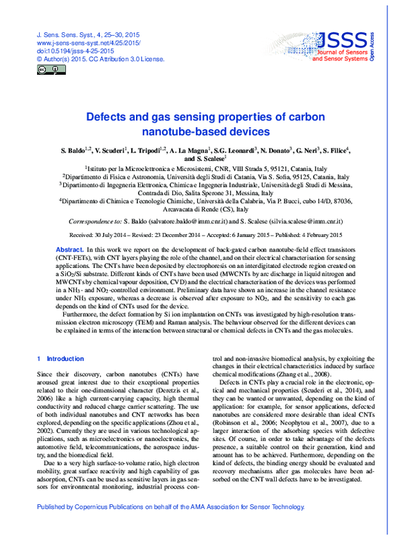 (PDF) Defects and gas sensing properties of carbon nanotube-based devices