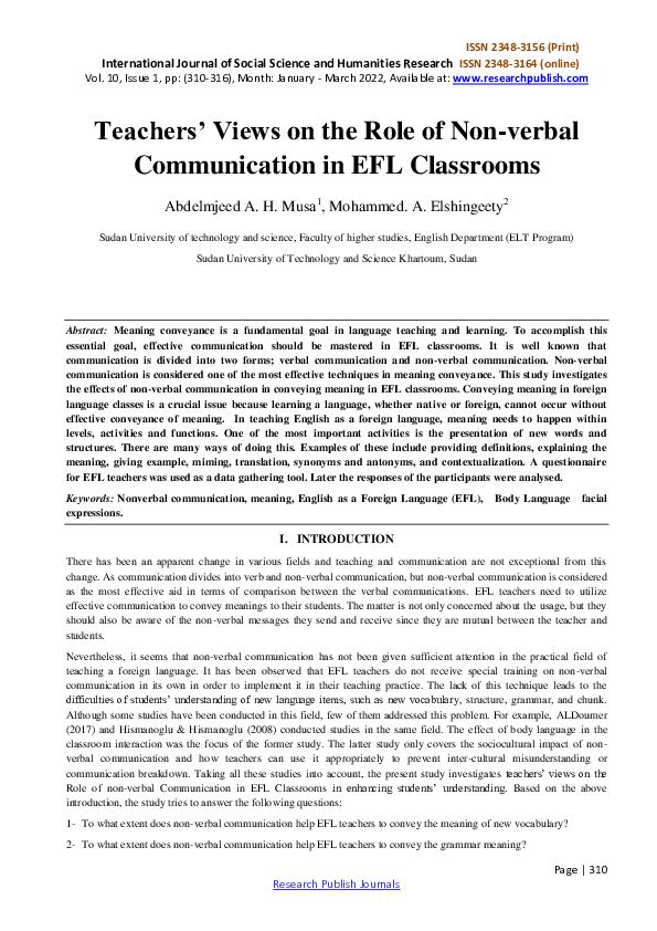 (PDF) Teachers' Views on the Role of Non-verbal Communication in EFL ...