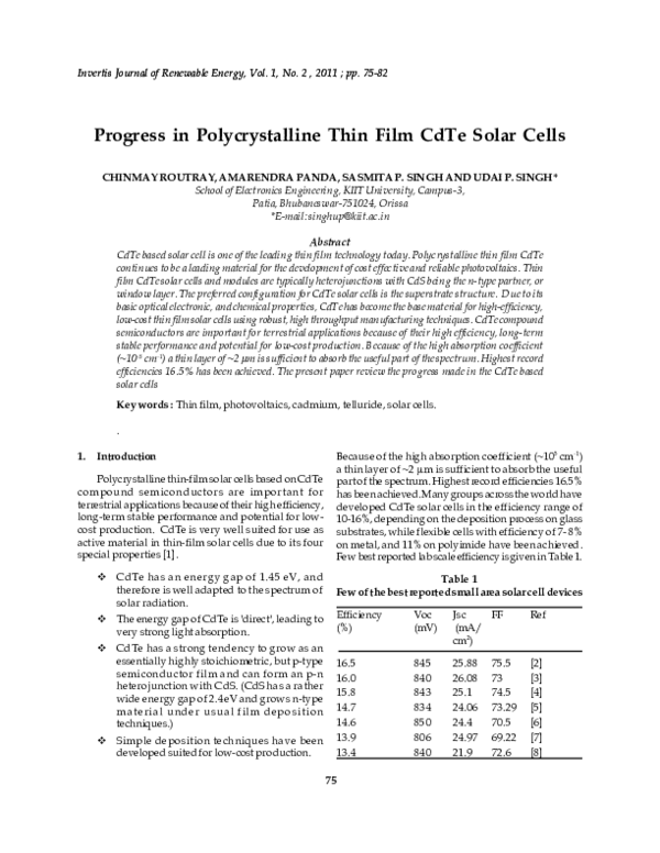 (PDF) Progress in Polycrystalline Thin Film CdTe Solar Cells