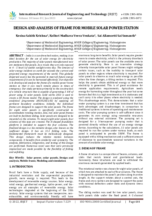 (PDF) DESIGN AND ANALYSIS OF FRAME FOR MOBILE SOLAR POWER STATION