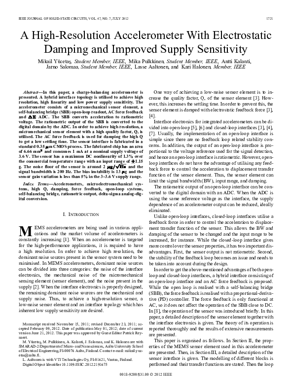 (PDF) A High-Resolution Accelerometer With Electrostatic Damping and ...