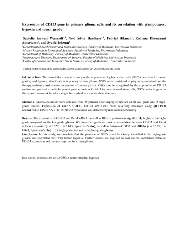 (PDF) Expression of CD 133 gene in primary glioma cells and its ...