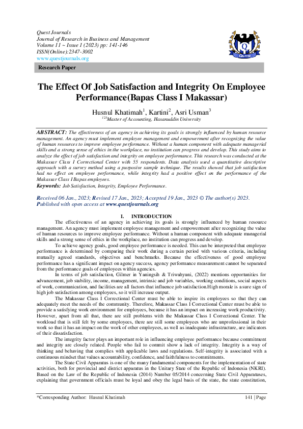 Pdf The Effect Of Job Satisfaction And Integrity On Employee Pdf The Effect Of Job Satisfaction And Integrity On Employee