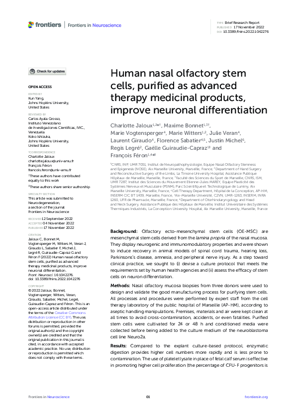 (PDF) Human nasal olfactory stem cells, purified as advanced therapy ...