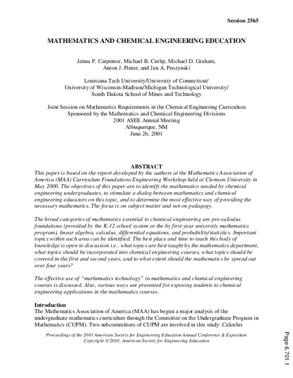 (PDF) Mathematics And Chemical Engineering Education