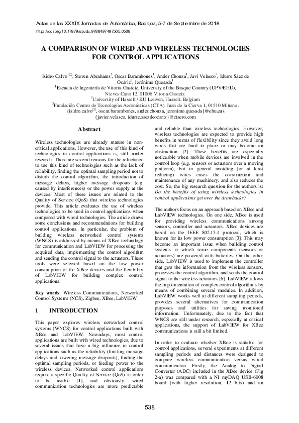(PDF) A comparison of wired and wireless technologies for control ...