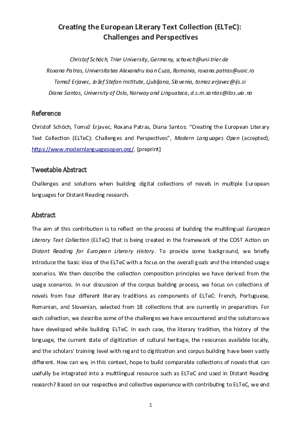 (PDF) Creating the European Literary Text Collection (ELTeC ...