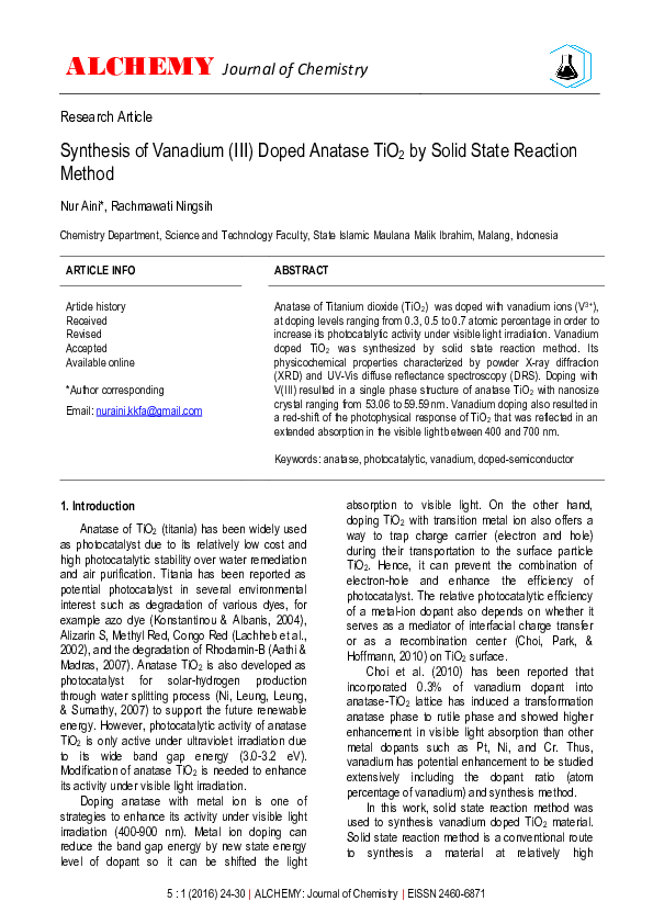 (PDF) Synthesis of Vanadium (III) Doped Anatase TiO2 by Solid State ...