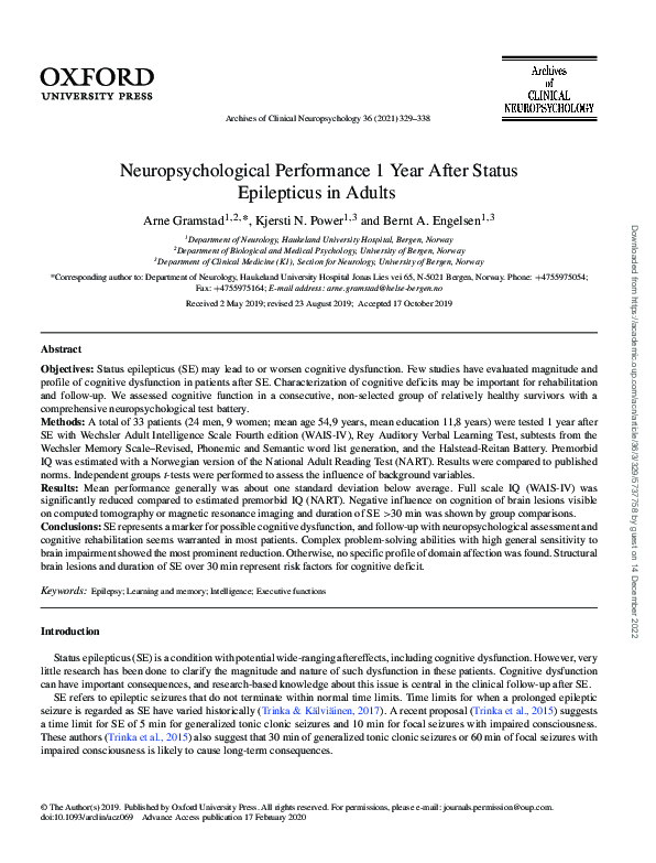 (PDF) Neuropsychological Performance 1 Year After Status Epilepticus in ...