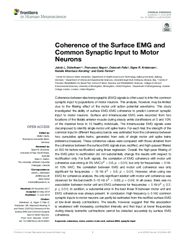 (PDF) Coherence of the Surface EMG and Common Synaptic Input to Motor ...
