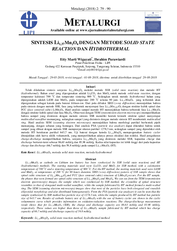 (PDF) Sintesis Li1,37Mn2O4 Dengan Metoda Solid-State Reaction dan ...