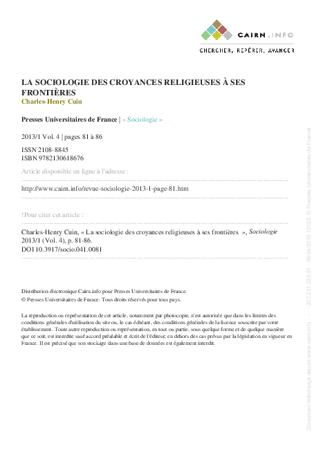 (PDF) La sociologie des croyances religieuses à ses frontières