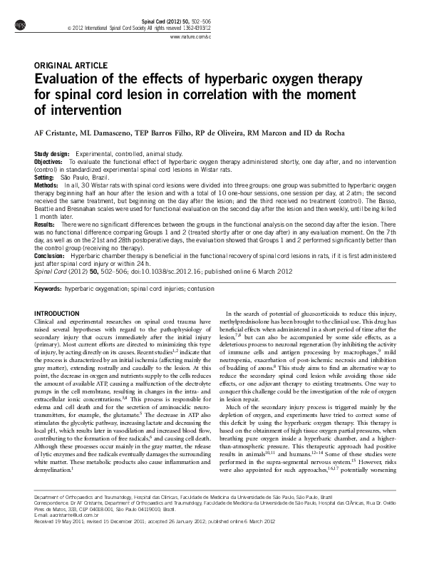(PDF) Evaluation of the effects of hyperbaric oxygen therapy for spinal ...