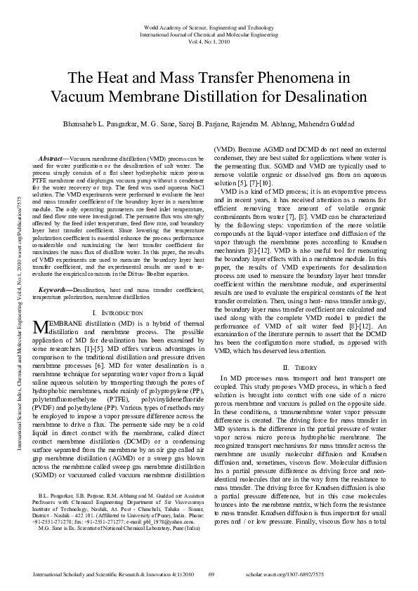 (PDF) The Heat And Mass Transfer Phenomena In Vacuum Membrane ...
