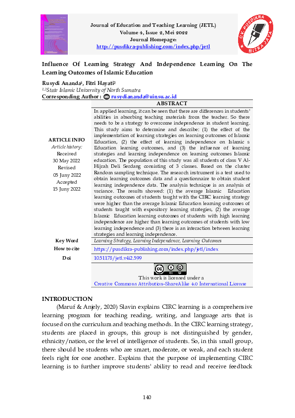 (PDF) Influence Of Learning Strategy And Independence Learning On The ...