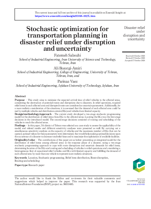 (PDF) Stochastic optimization for transportation planning in disaster ...