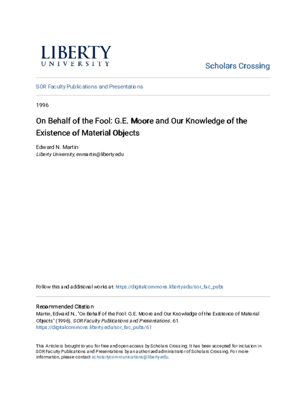 (PDF) On Behalf of the Fool: G.E. Moore and Our Knowledge of the ...
