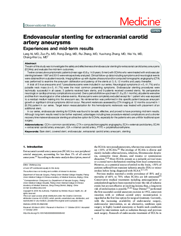(PDF) Endovascular stenting for extracranial carotid artery aneurysms ...