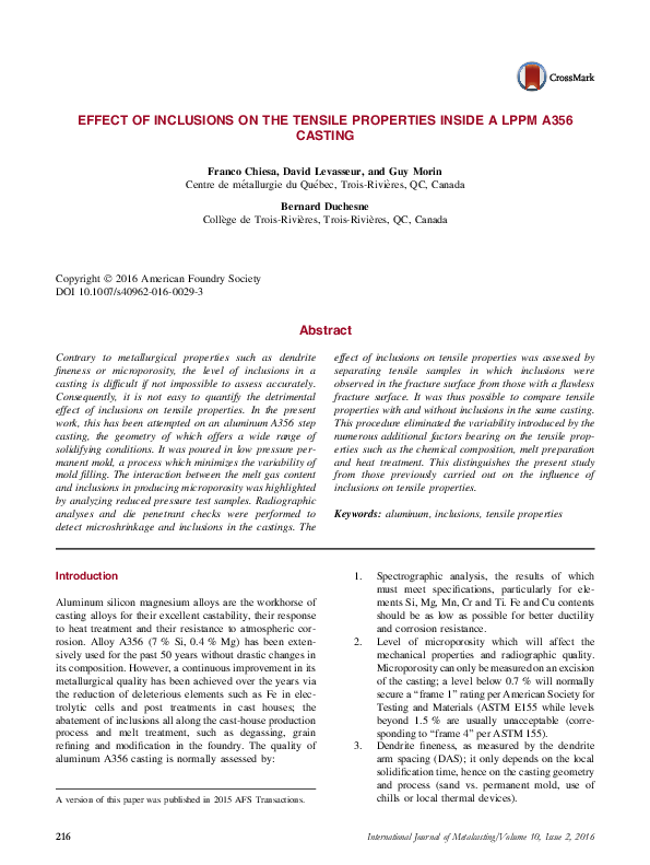 (PDF) Effect of Inclusions on the Tensile Properties Inside a LPPM A356 ...
