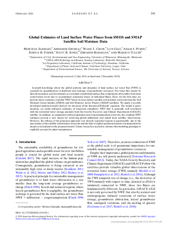 (PDF) Global Estimates of Land Surface Water Fluxes from SMOS and SMAP ...