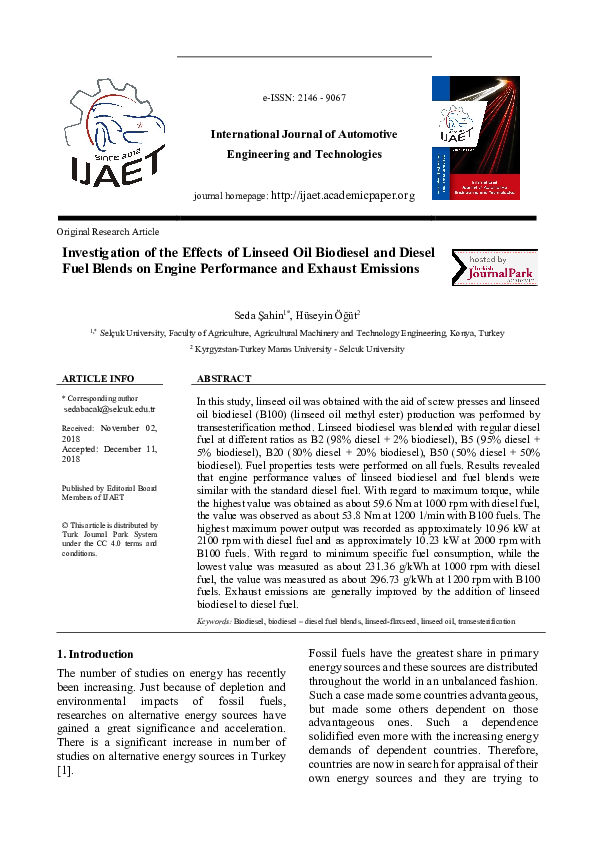 (PDF) Investigation of the Effects of Linseed Oil Biodiesel and Diesel ...