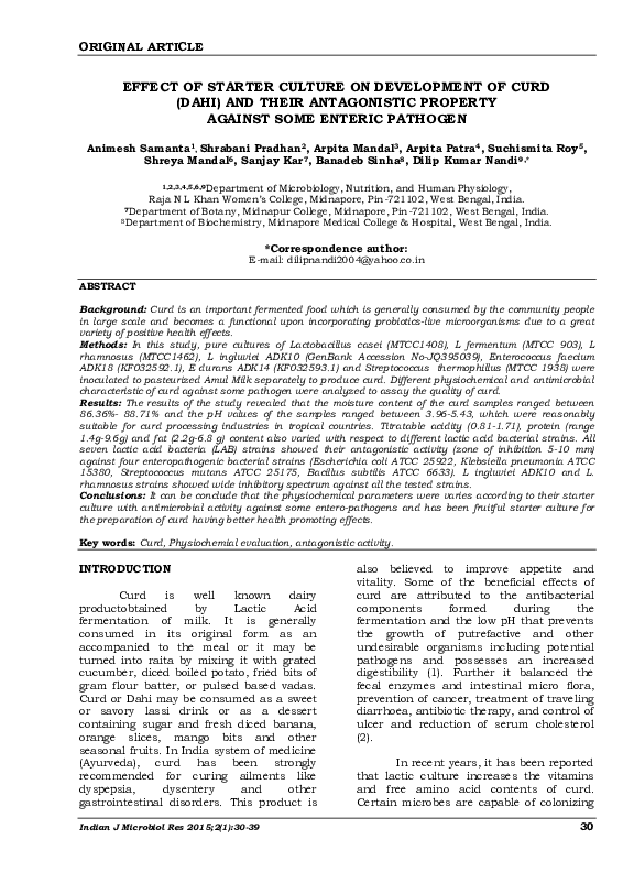 (PDF) Effect of starter culture on development of curd (DAHI) and their