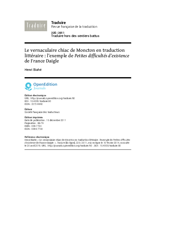 (PDF) Le vernaculaire chiac de Moncton en traduction littéraire : l ...