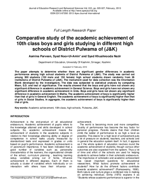 (PDF) Comparative study of the academic achievement of 10th class boys ...