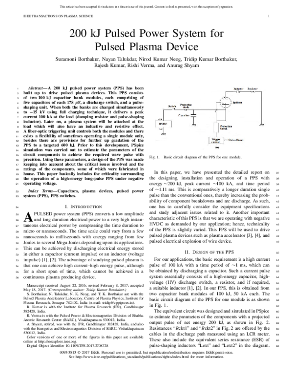 (PDF) 200 kJ Pulsed Power System for Pulsed Plasma Device