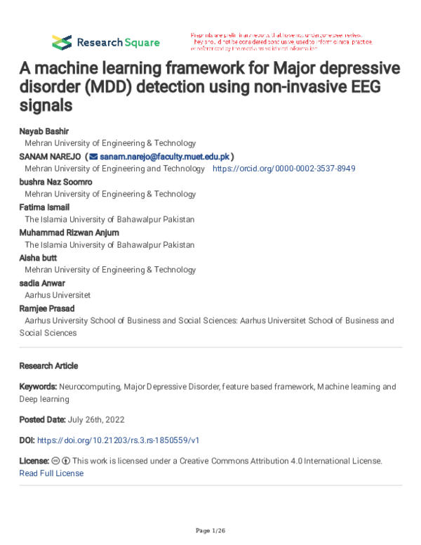 (PDF) A machine learning framework for Major depressive disorder (MDD ...
