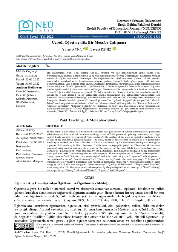 (PDF) Ücretli Öğretmenlik: Bir Metafor Çalışması