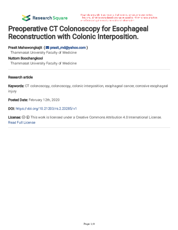 (PDF) Preoperative CT Colonoscopy for Esophageal Reconstruction with ...