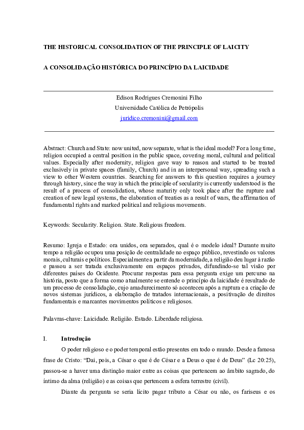 (PDF) THE HISTORICAL CONSOLIDATION OF THE PRINCIPLE OF LAICITY A ...