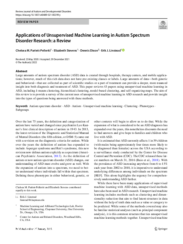 (PDF) Applications of Unsupervised Machine Learning in Autism Spectrum ...