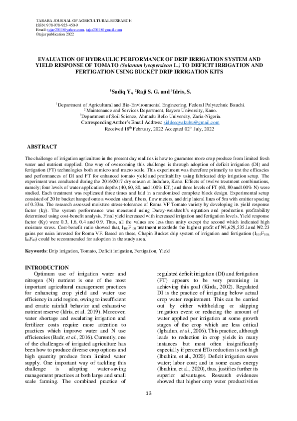 (PDF) EVALUATION OF HYDRAULIC PERFORMANCE OF DRIP IRRIGATION SYSTEM AND ...