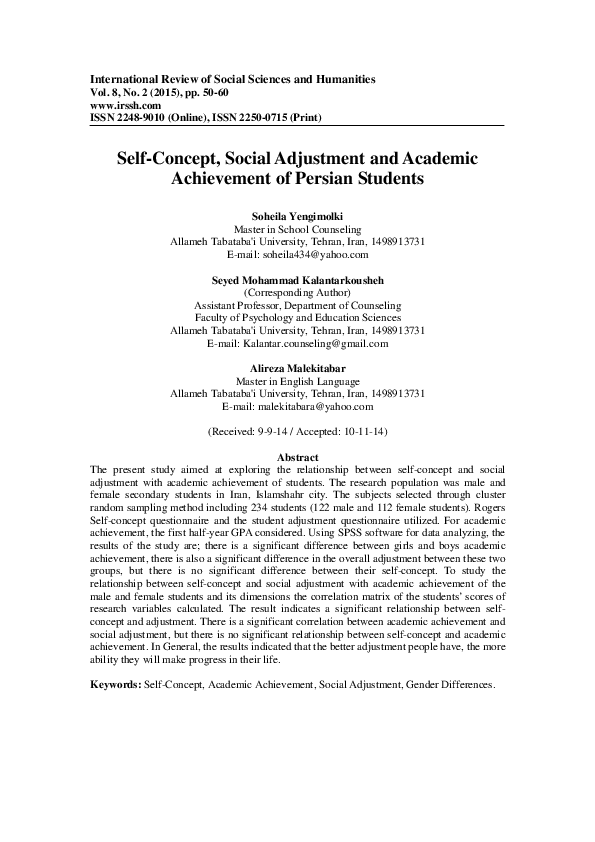(PDF) Self-Concept, Social Adjustment and Academic Achievement of ...