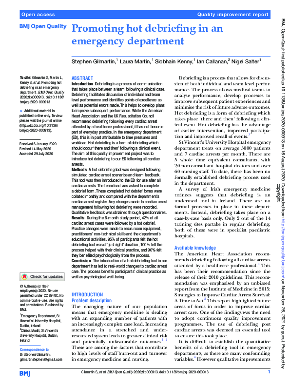 (PDF) Promoting hot debriefing in an emergency department